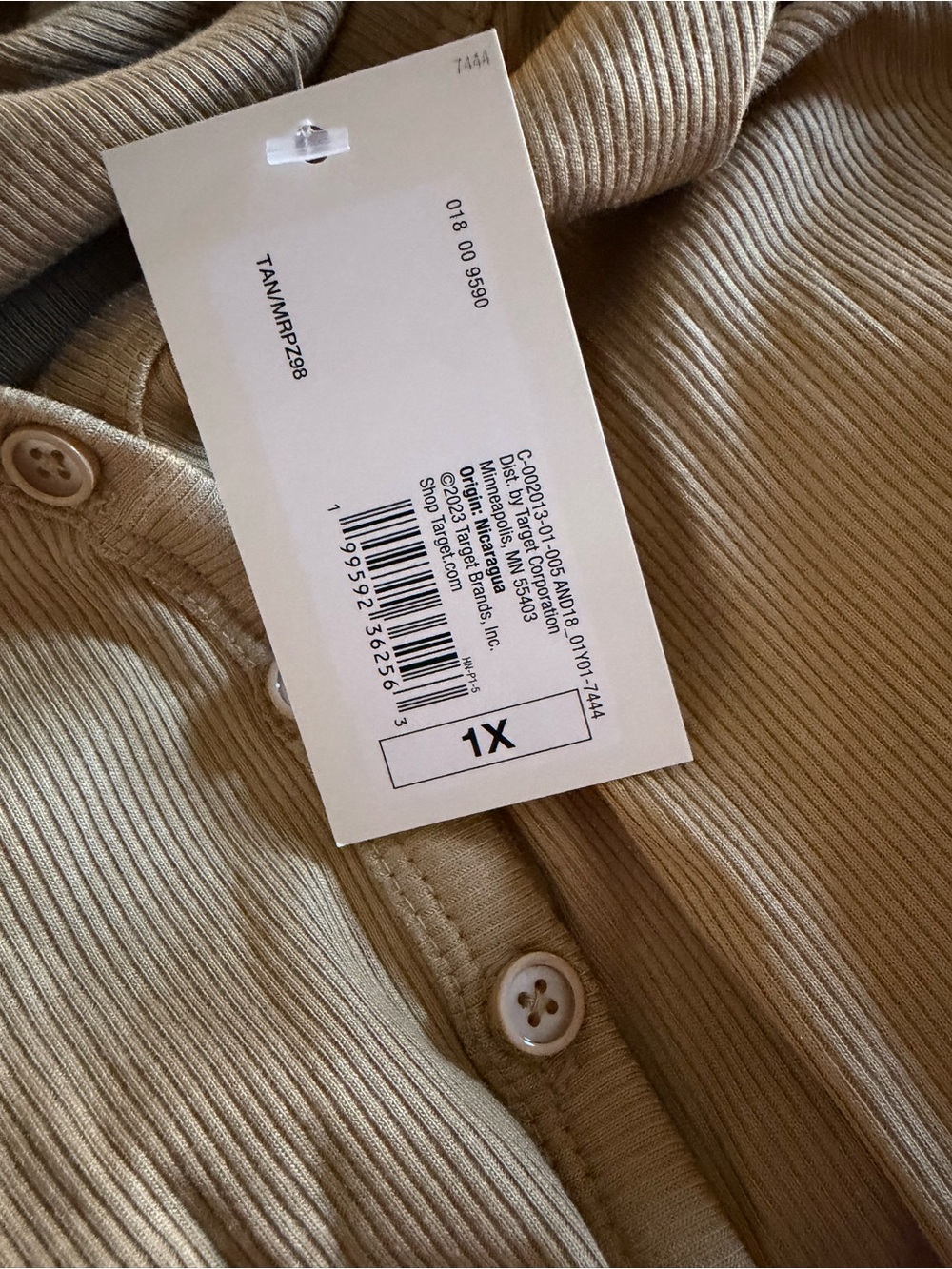Target Ribbed V-Neck Button-Front Top Tan 1X - Picture 2 of 4